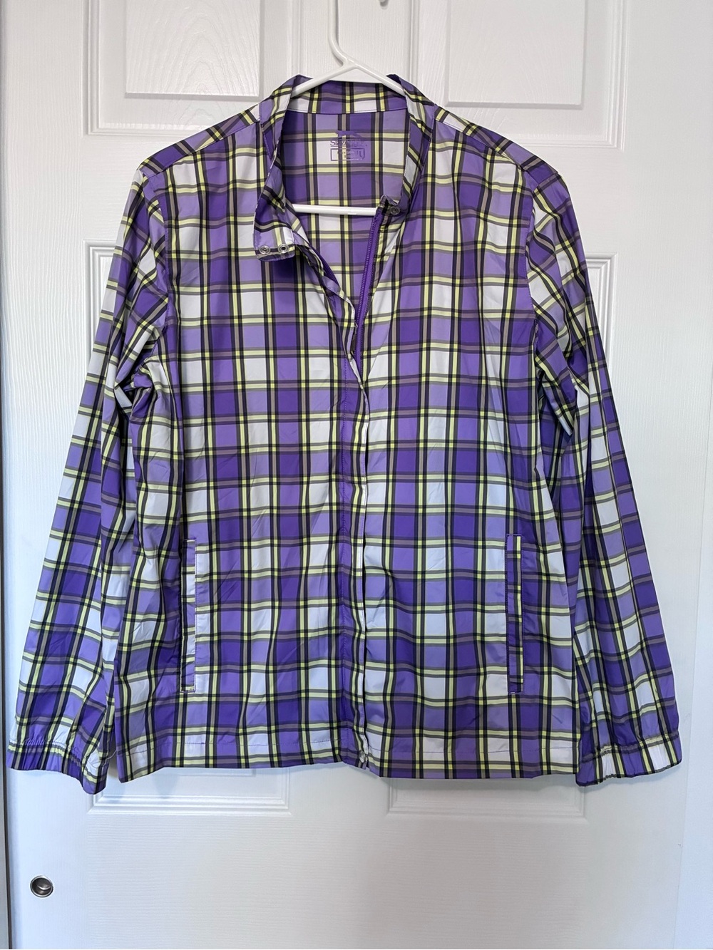 Slazenger Golf Windbreaker Rain Jacket Purple & Yellow Plaid Women’s Sz L EUC